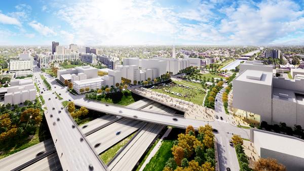 渲染I-480上的新“盖子”, 创造一个步行和发展友好的绿色空间，连接市中心和中城.